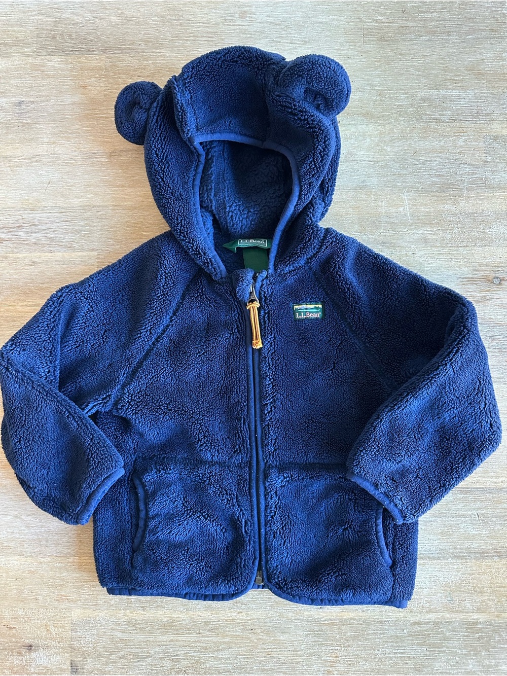 L.L. Bean Infant Hi-Pile Navy Fleece Bear-Ear Hoodie for Kids, 12-18 months